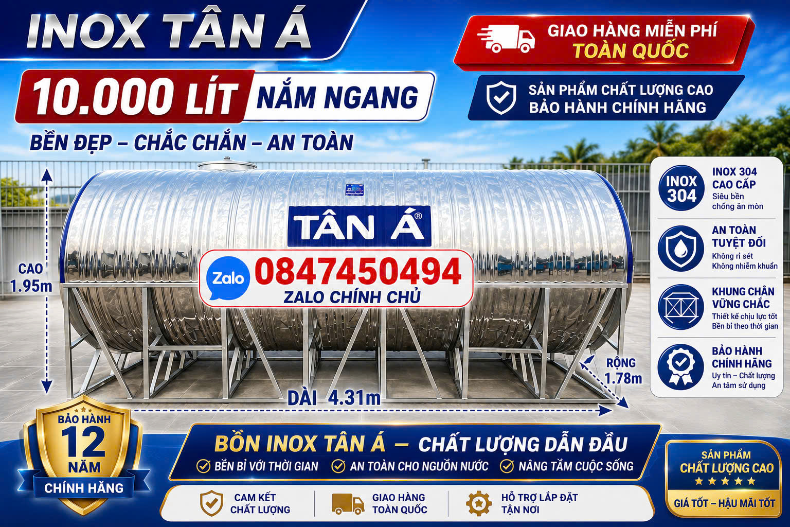 BỒN NƯỚC INOX 10.000L NGANG CAO CẤP – Inox Tân Á 10 khối 10m3 10.000L ngang Téc Inox 10k giao miễn phí Toàn Quốc